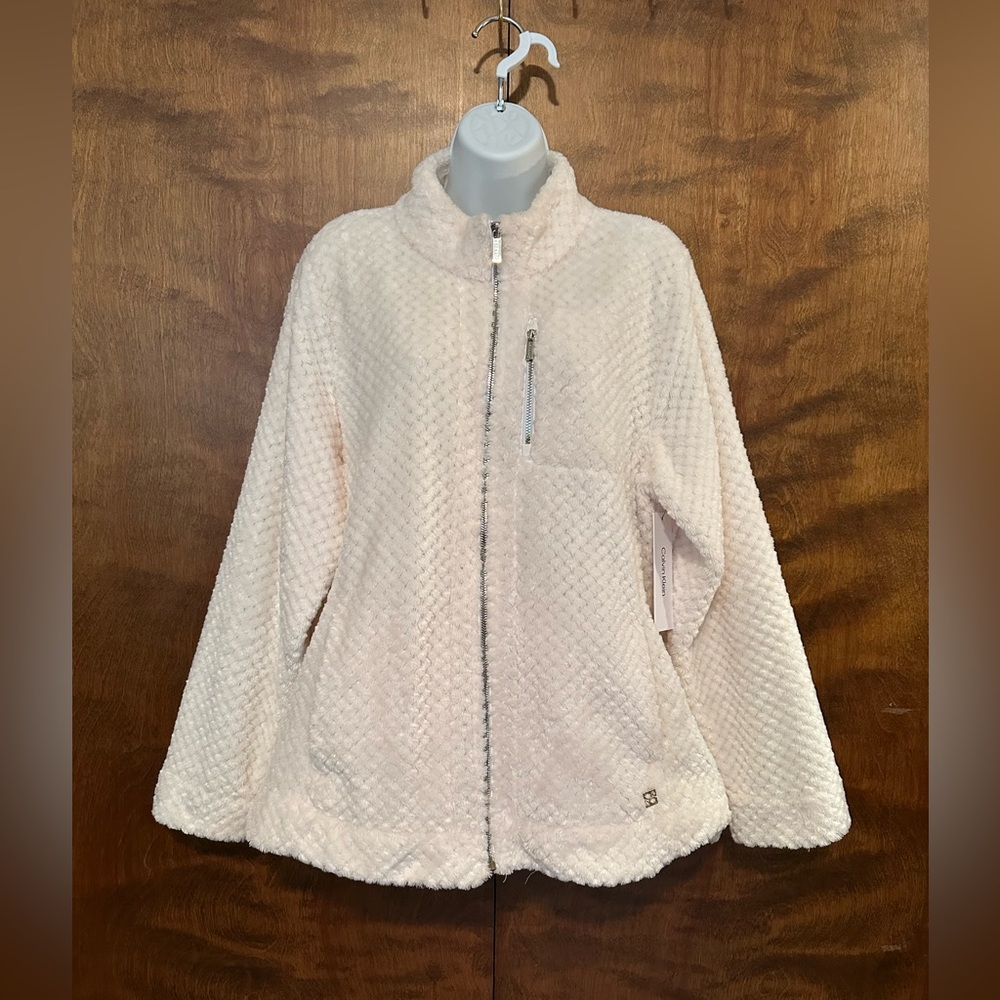Calvin Klein Long Sleeve Fleece Teddy Jacket Womens XL Ivory Polyester Full Zip